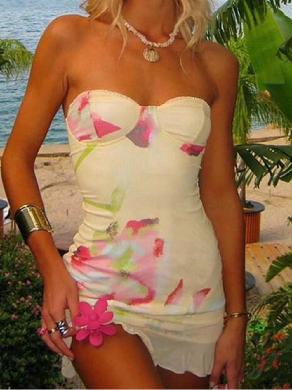 Strapless Yellow Floral Print Mini Dress